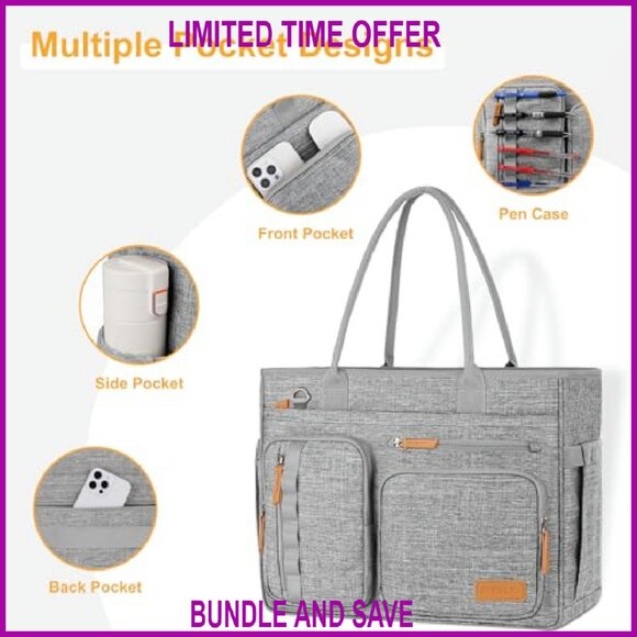 Large USB Charging Tote Bag with Laptop Sleeve for Work & Travel - Picture 6 of 8